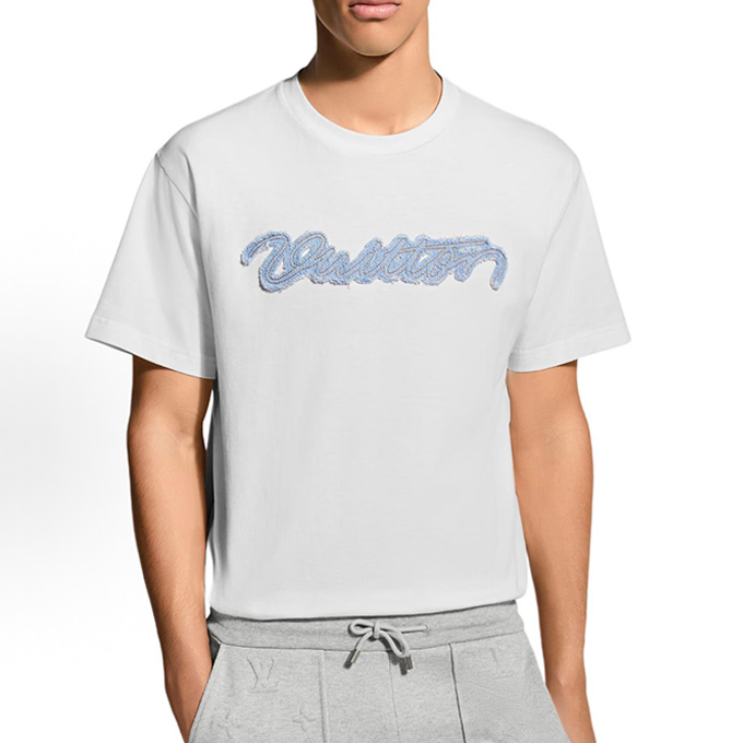 louis vuitton denim script embroidered short sleeve t-shirt